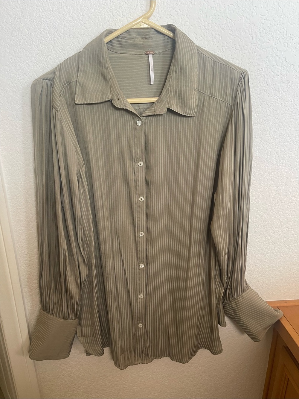 Free People Olive Green Pinstripe Button-Up Blouse